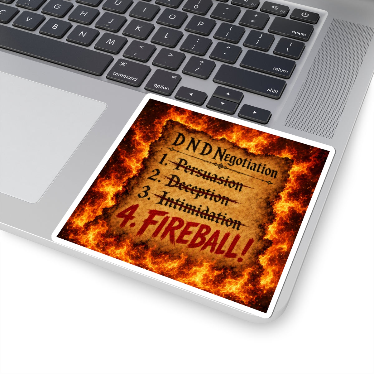 Kiss-Cut Sticker — D&D Negotiation: "4. FIREBALL!" Flames Gaming decal