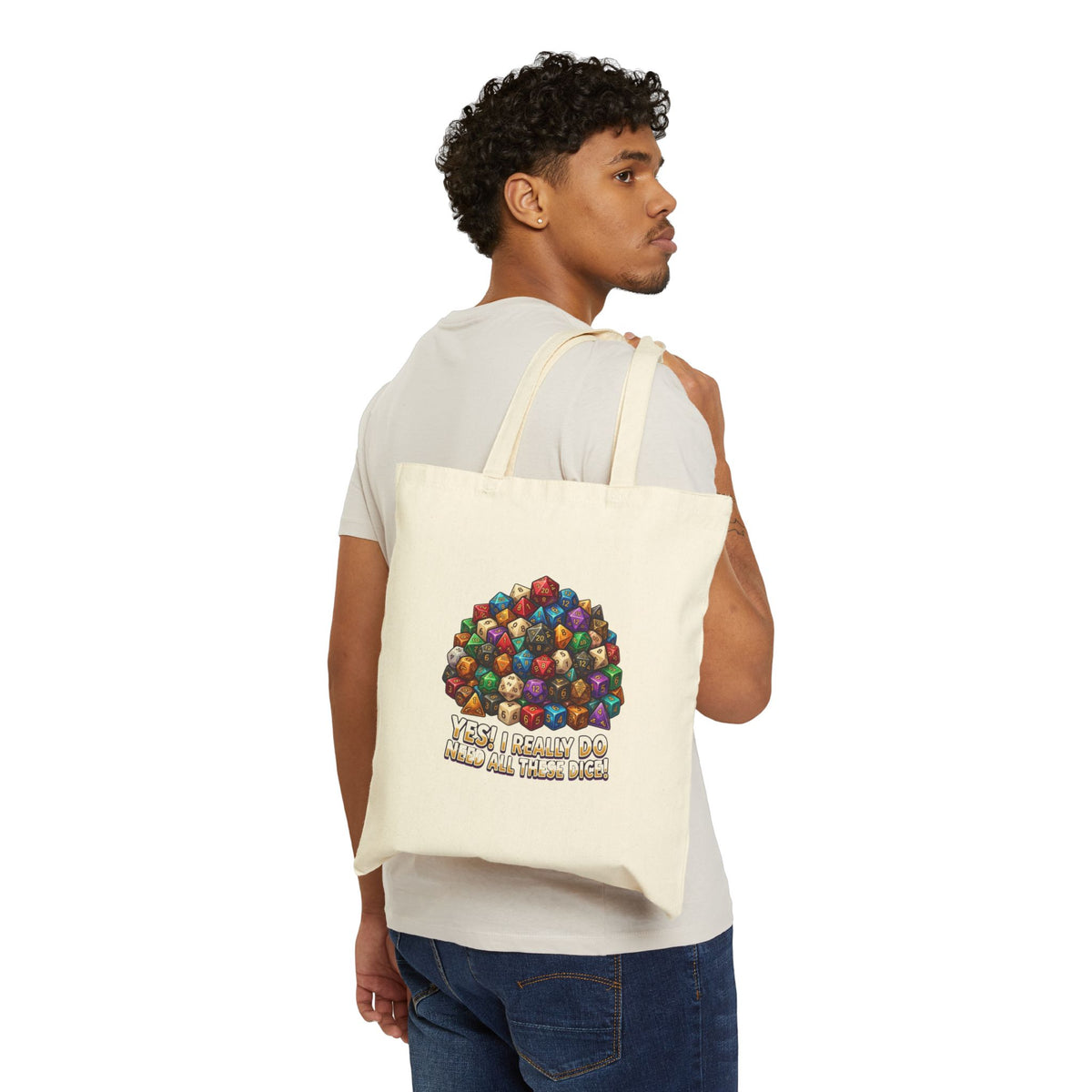 Canvas Tote Bag — “Yes I Really Do Roll All These Dice” RPG Dice Pile Gamer Tote
