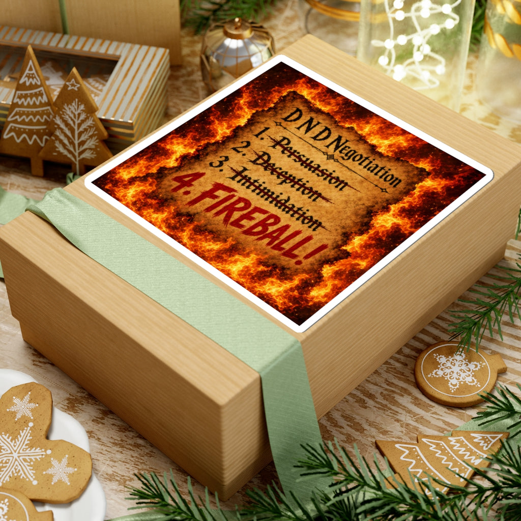 Kiss-Cut Sticker — D&D Negotiation: "4. FIREBALL!" Flames Gaming decal