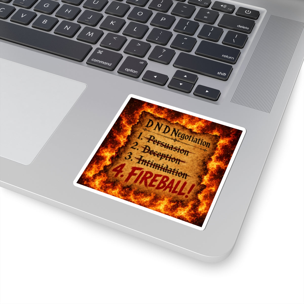 Kiss-Cut Sticker — D&D Negotiation: "4. FIREBALL!" Flames Gaming decal