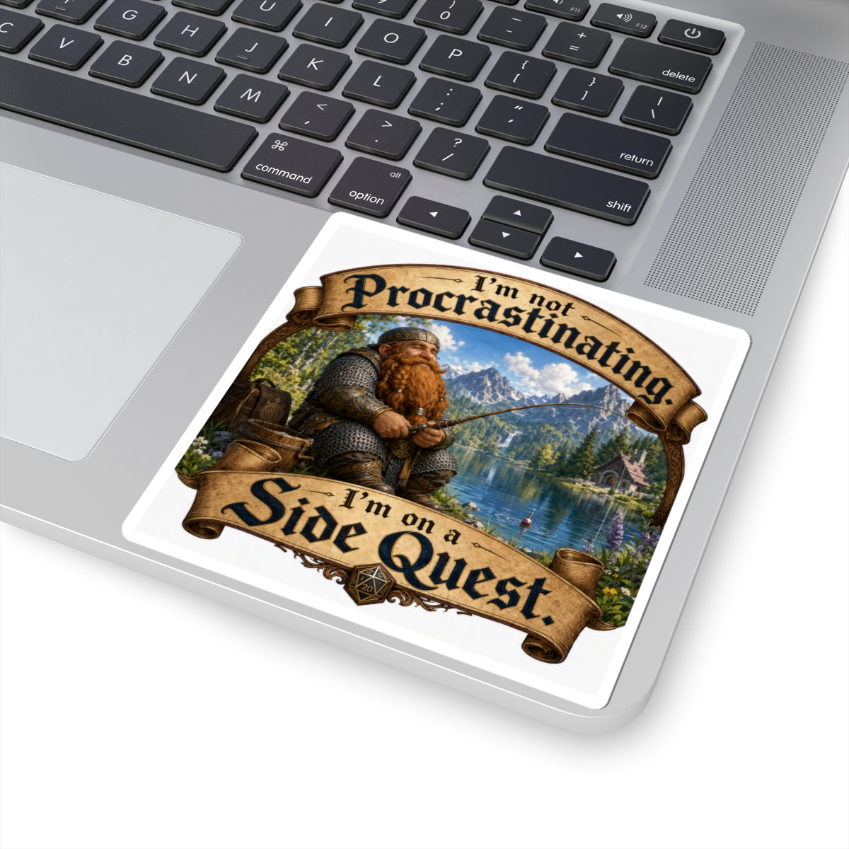 Kiss-Cut Sticker — "I'm Not Procrastinating, I'm on a Side Quest" (Dwarf Fishing Fantasy)