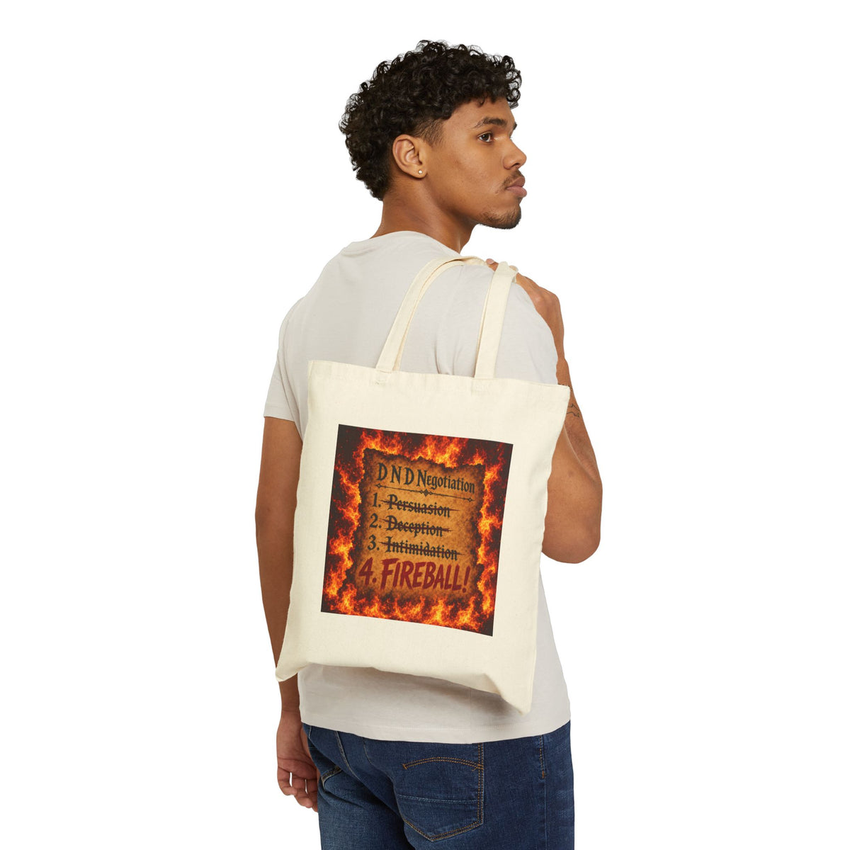 Tote Bag — DND Negotiation Checklist: 1. Persuasion 2. Deception 3. Intimidation 4. FIREBALL (Gamer Gift)