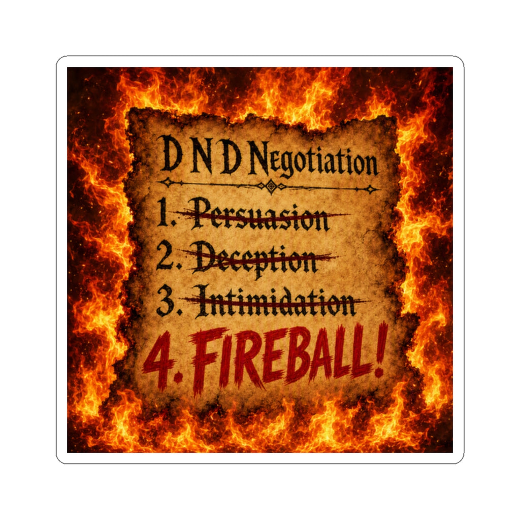 Kiss-Cut Sticker — D&D Negotiation: "4. FIREBALL!" Flames Gaming decal