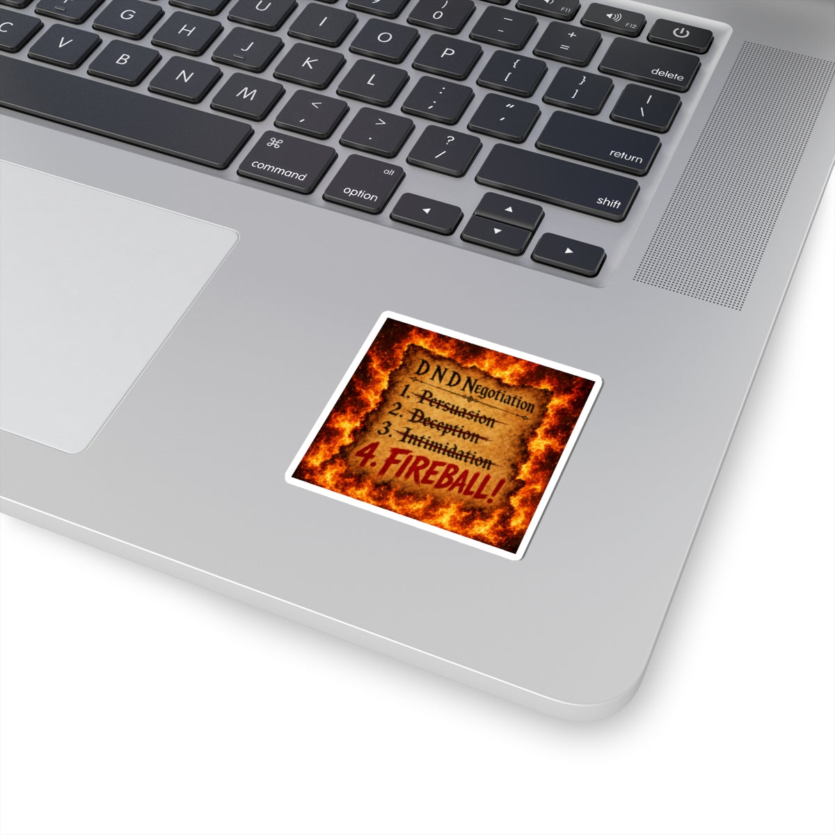 Kiss-Cut Sticker — D&D Negotiation: "4. FIREBALL!" Flames Gaming decal