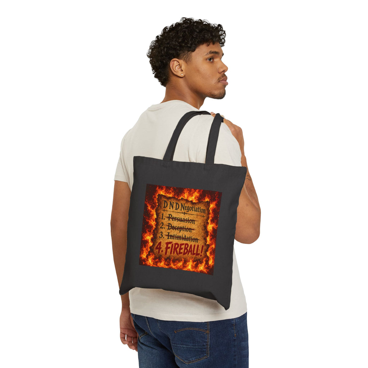 Tote Bag — DND Negotiation Checklist: 1. Persuasion 2. Deception 3. Intimidation 4. FIREBALL (Gamer Gift)