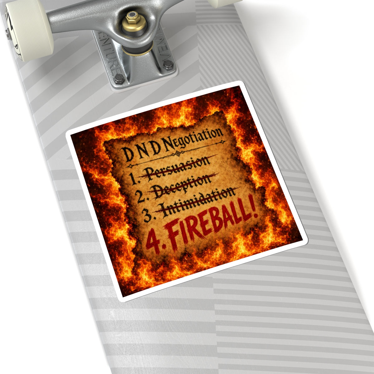 Kiss-Cut Sticker — D&D Negotiation: "4. FIREBALL!" Flames Gaming decal