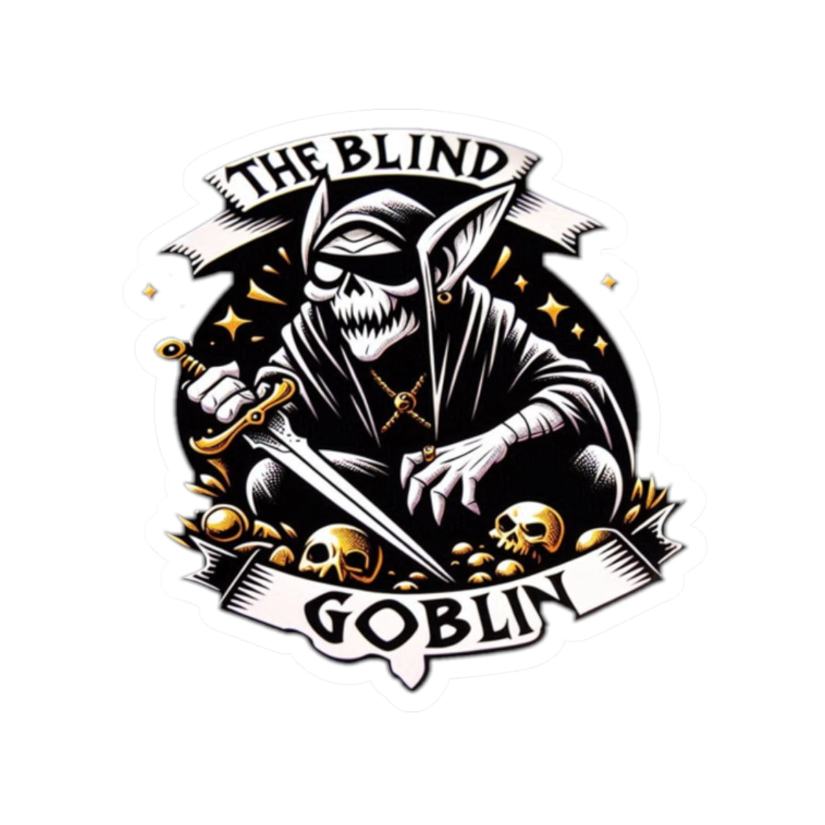 The Blind Goblin Kiss-Cut Sticker — Dark Fantasy Skull Goblin Laptop Decal