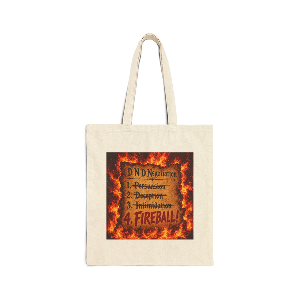 Tote Bag — DND Negotiation Checklist: 1. Persuasion 2. Deception 3. Intimidation 4. FIREBALL (Gamer Gift)