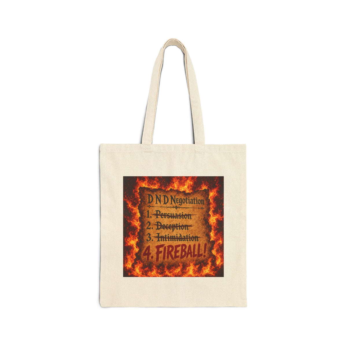 Tote Bag — DND Negotiation Checklist: 1. Persuasion 2. Deception 3. Intimidation 4. FIREBALL (Gamer Gift)